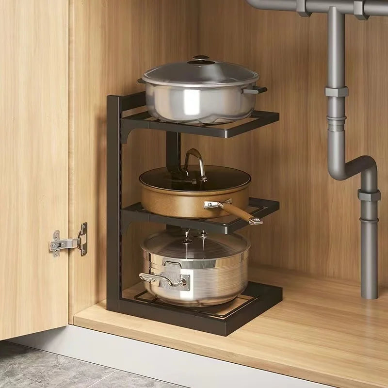 Kitchen Sink Shelf Multi-layer Pot Rack Under Cabinet Storage Organizer Rack Multi-functional Frying Pan Rice Cooker Holder