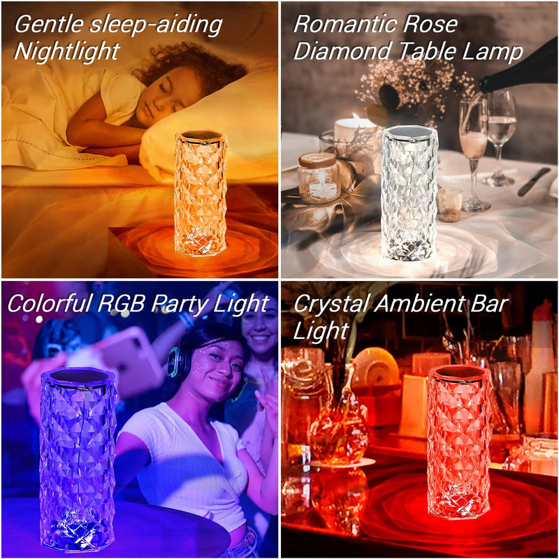 Crystal Lamp Touch Control Table Rose Light with 16 Colors RGB Night Light LED Rose Diamond Touch Lamp for Bedroom Birthday Gift