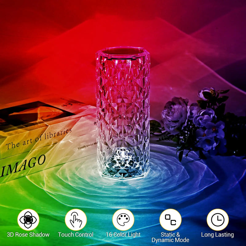 Crystal Lamp Touch Control Table Rose Light with 16 Colors RGB Night Light LED Rose Diamond Touch Lamp for Bedroom Birthday Gift