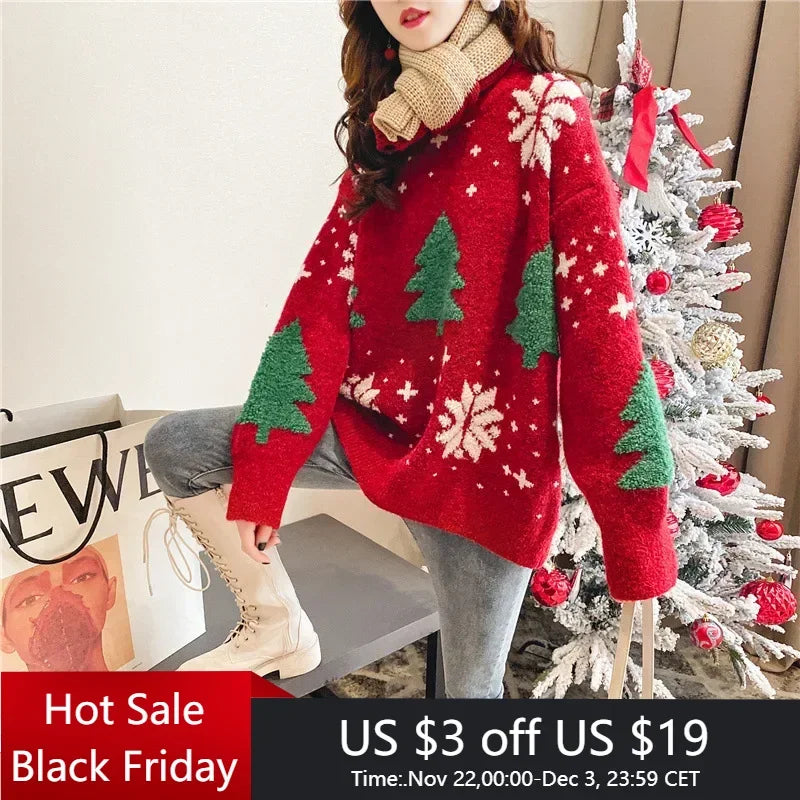 2024 Autumn/Winter New Korean Thickened Color blocked Christmas Sweater Women Hoodie Snowflake Loose Round Neck Lazy Style Tops