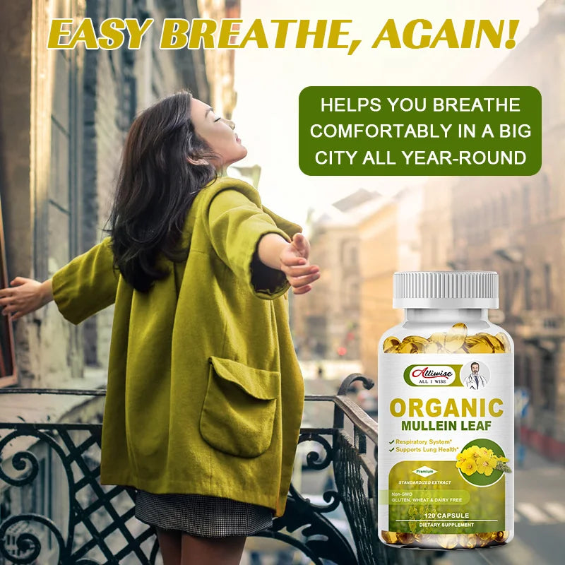 Alliwise Herbal Plant Mullein Capsules Clean the Lungs Protect the Respiratory System Clear Heat Mucous Membranes Lung Cleanse