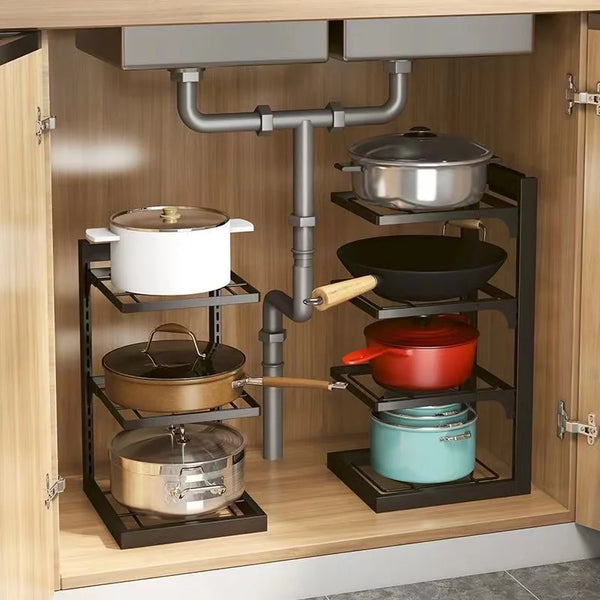 Kitchen Sink Shelf Multi-layer Pot Rack Under Cabinet Storage Organizer Rack Multi-functional Frying Pan Rice Cooker Holder