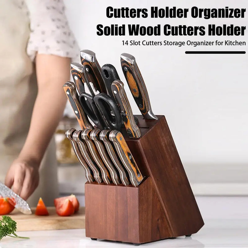 Solid Wood Cutters Holder Durable Wooden Cutter Holder 14 Slot Organizer for Kitchen Countertop Easy to for Cooking for Kitchen