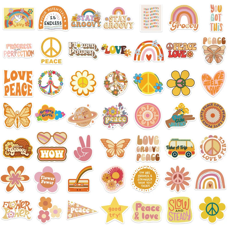 50Pcs Groovy Boho Hippie Vinyl Stickers Rainbow Daisy Butterfly Pace Theme Self Adhesive Stickers 60s Hippie Party