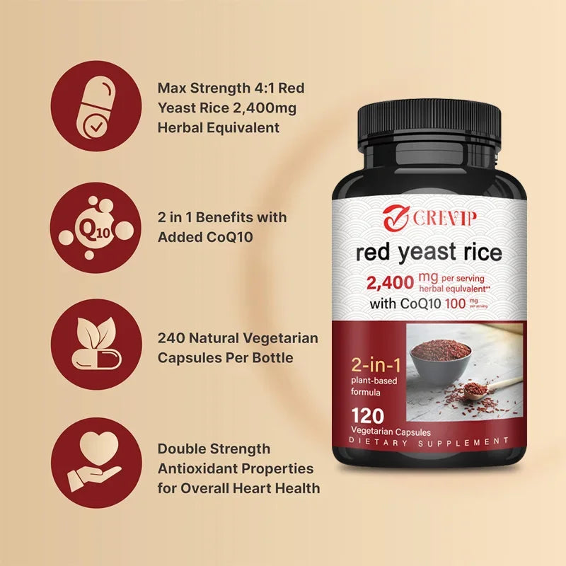 Red Yeast Rice 2,400 Mg Coenzyme 100 Mg – The Strongest Supplement – Antioxidants Support Energy and Heart Health – Non-GMO