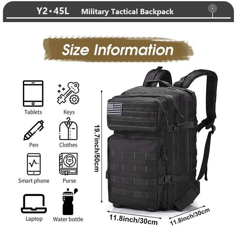 Tactical Backpack 3 Day Assault Pack Molle Bag 38/45L Large Outdoor Waterproof Hiking Camping Travel 600D Rucksack Men Fishing