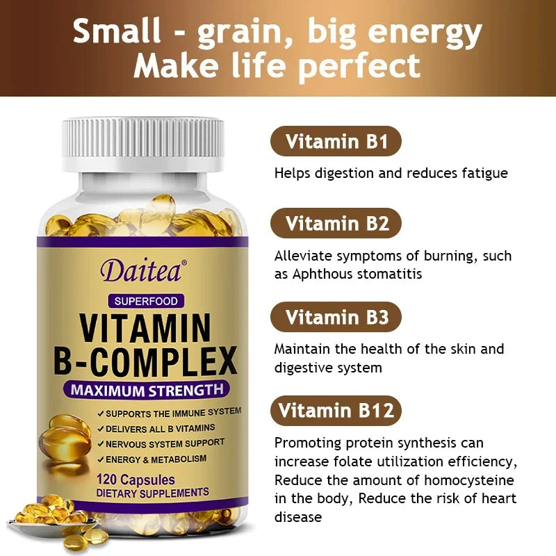 Vitamin B-Complex Supplement B12 B1 B2 B3 B5 B6 B9 Biotin, Nervous System, Metabolism, Immune and Energy Support, Super Diet