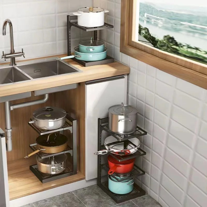 Kitchen Sink Shelf Multi-layer Pot Rack Under Cabinet Storage Organizer Rack Multi-functional Frying Pan Rice Cooker Holder