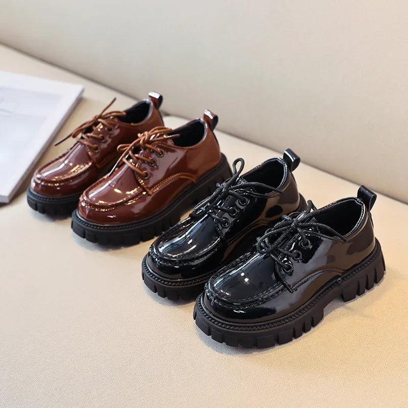 Children Leather Shoes for Boys Girls Thick Sole Lace-up Kids School Leather Shoes for Wedding Party Show British Style Black