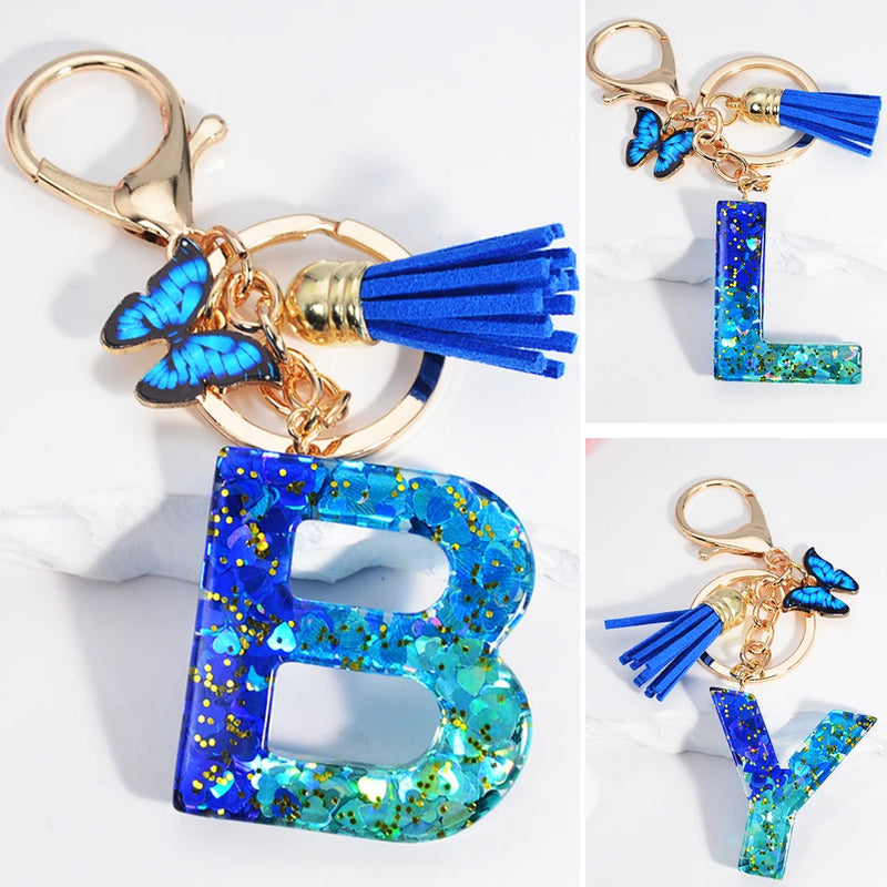 26 English Alphabet Letter Tassels Keychain Crystal Acrylic Butterfly Pendent Key Chain Women Gift Fashion Jewelry Accessories