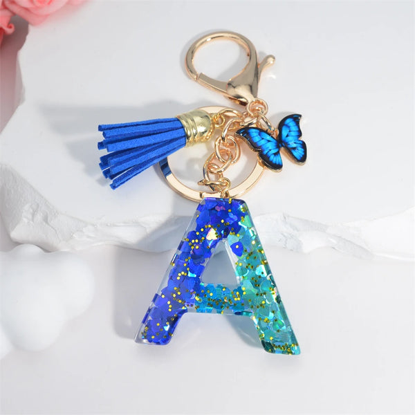 26 English Alphabet Letter Tassels Keychain Crystal Acrylic Butterfly Pendent Key Chain Women Gift Fashion Jewelry Accessories