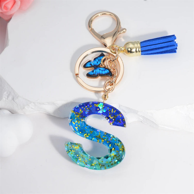 26 English Alphabet Letter Tassels Keychain Crystal Acrylic Butterfly Pendent Key Chain Women Gift Fashion Jewelry Accessories