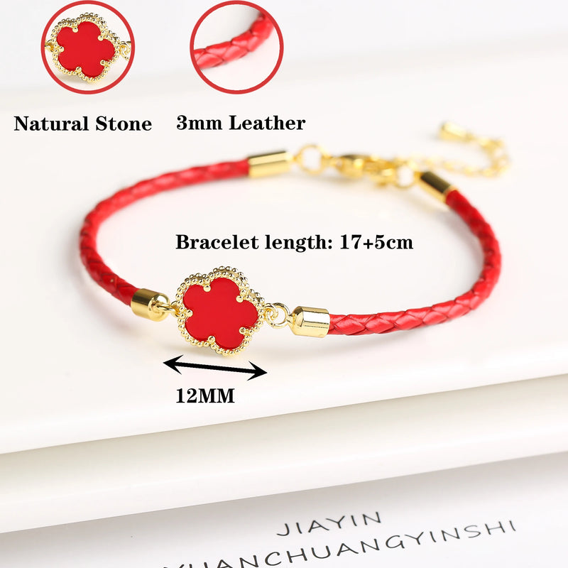 Classic Genuine Leather Woven Natural Stone Five Leaf Flower Charm Bracelet Fashion for Women Girls Party Wedding Jewelry Gift